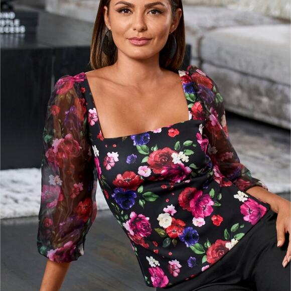 Boston Proper Floral Scuba And Organza Sleeve Top Small - Picture 3 of 11